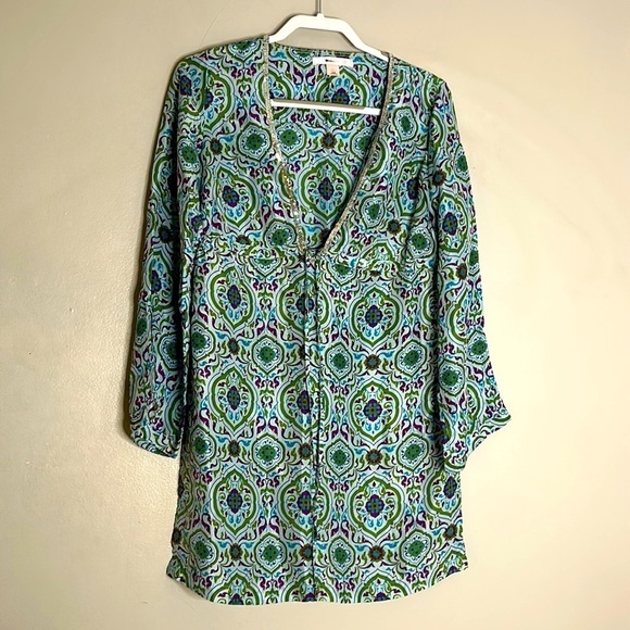 Victoria secret silk long sleeve V-neck tunic top women’s xs cover up blue print - Picture 3 of 10